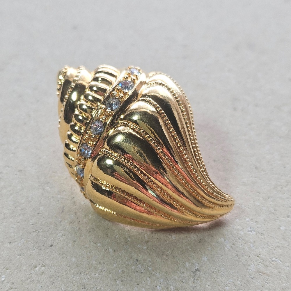 Vintage K.J.L. Kenneth Jay Lane Avon Gold Tone Rhinestone Conch Shell Scarf Clip